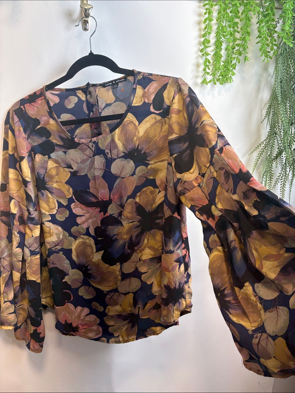 Cable & Gauge Navy Floral Bell Sleeve Blouse with Mustard and Blush **Note Flaw